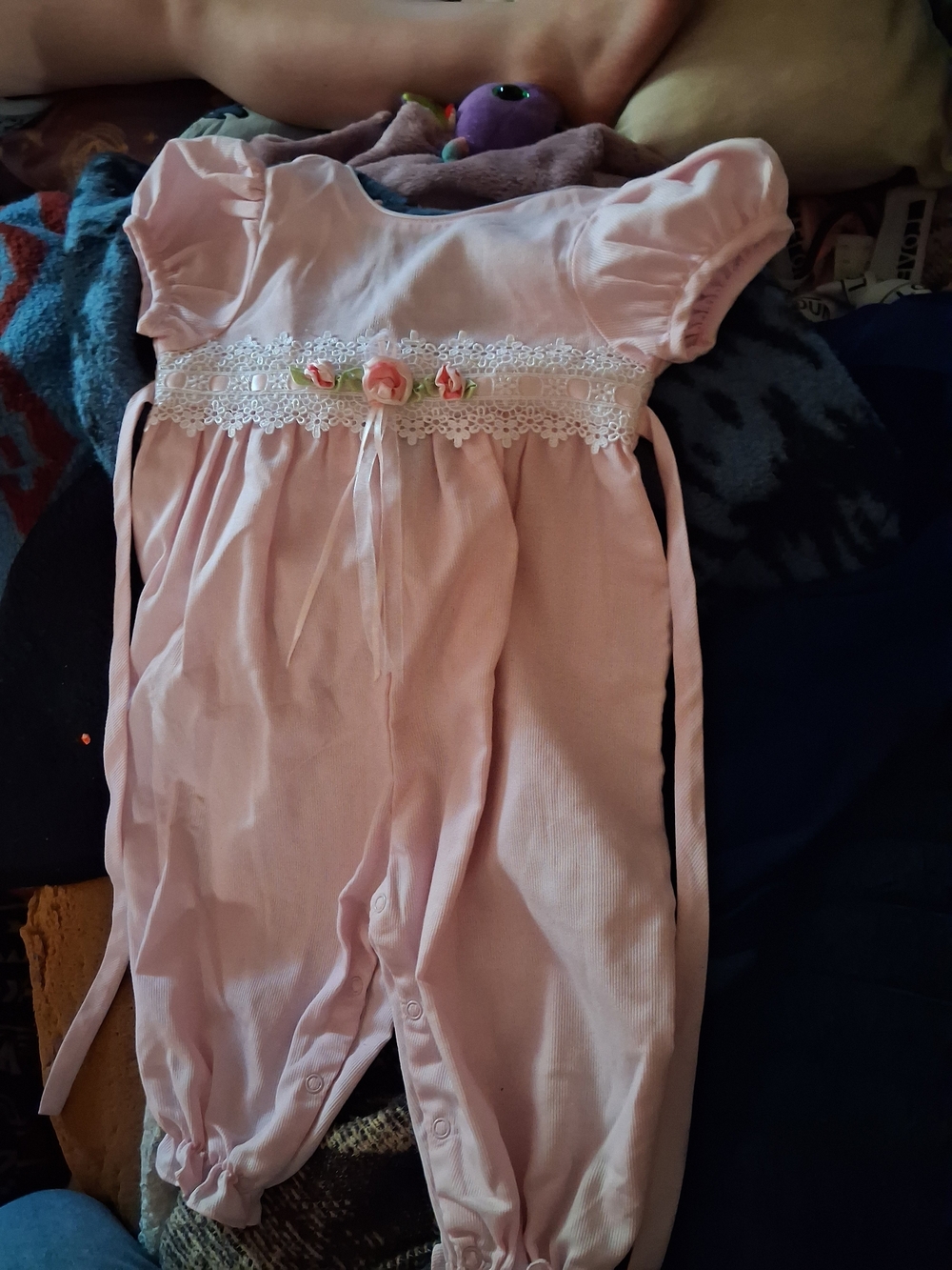 Pink Lace-Trim Infant One-Piece Bodysuit with Rose Detail
